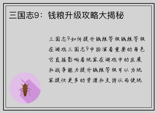 三国志9：钱粮升级攻略大揭秘