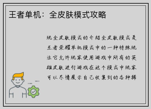 王者单机：全皮肤模式攻略